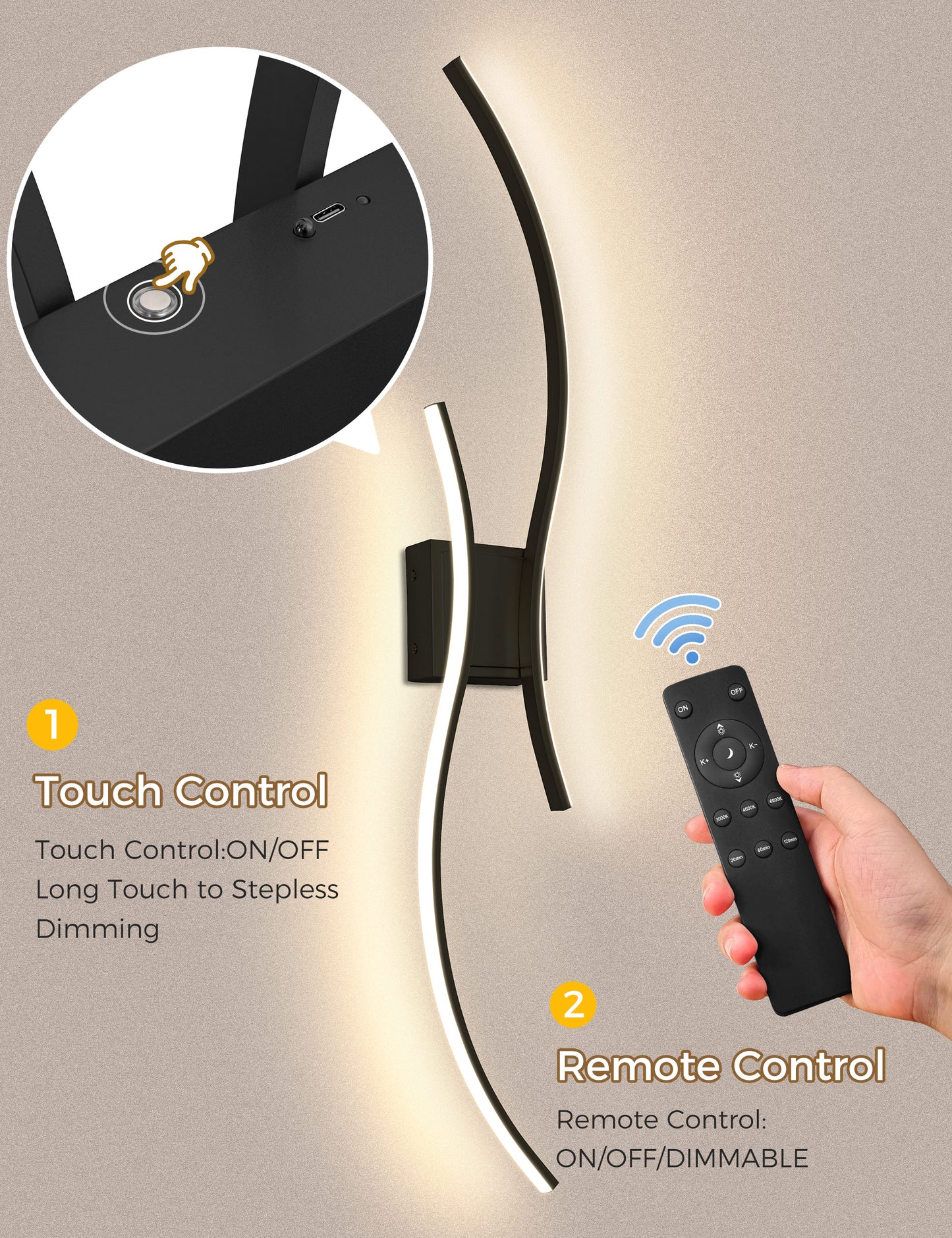 YANSUN 2-Pack LED Wave Wall Light, 39.37in Matte Black Finish, Built-in Dimmable & Color Changing, Touch & Remote Control, Memory & Timer