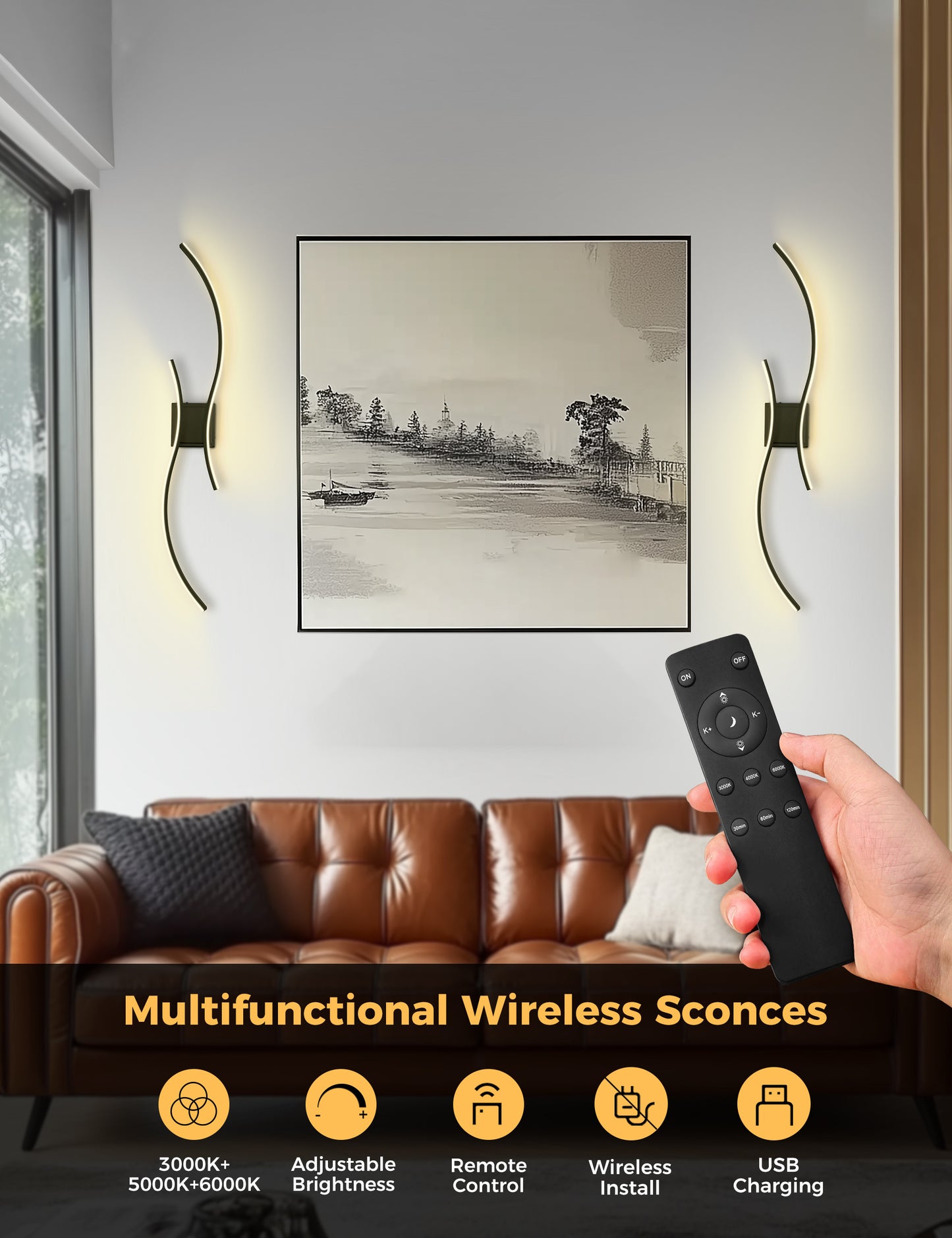 YANSUN 2-Pack LED Wave Wall Light, 39.37in Matte Black Finish, Built-in Dimmable & Color Changing, Touch & Remote Control, Memory & Timer