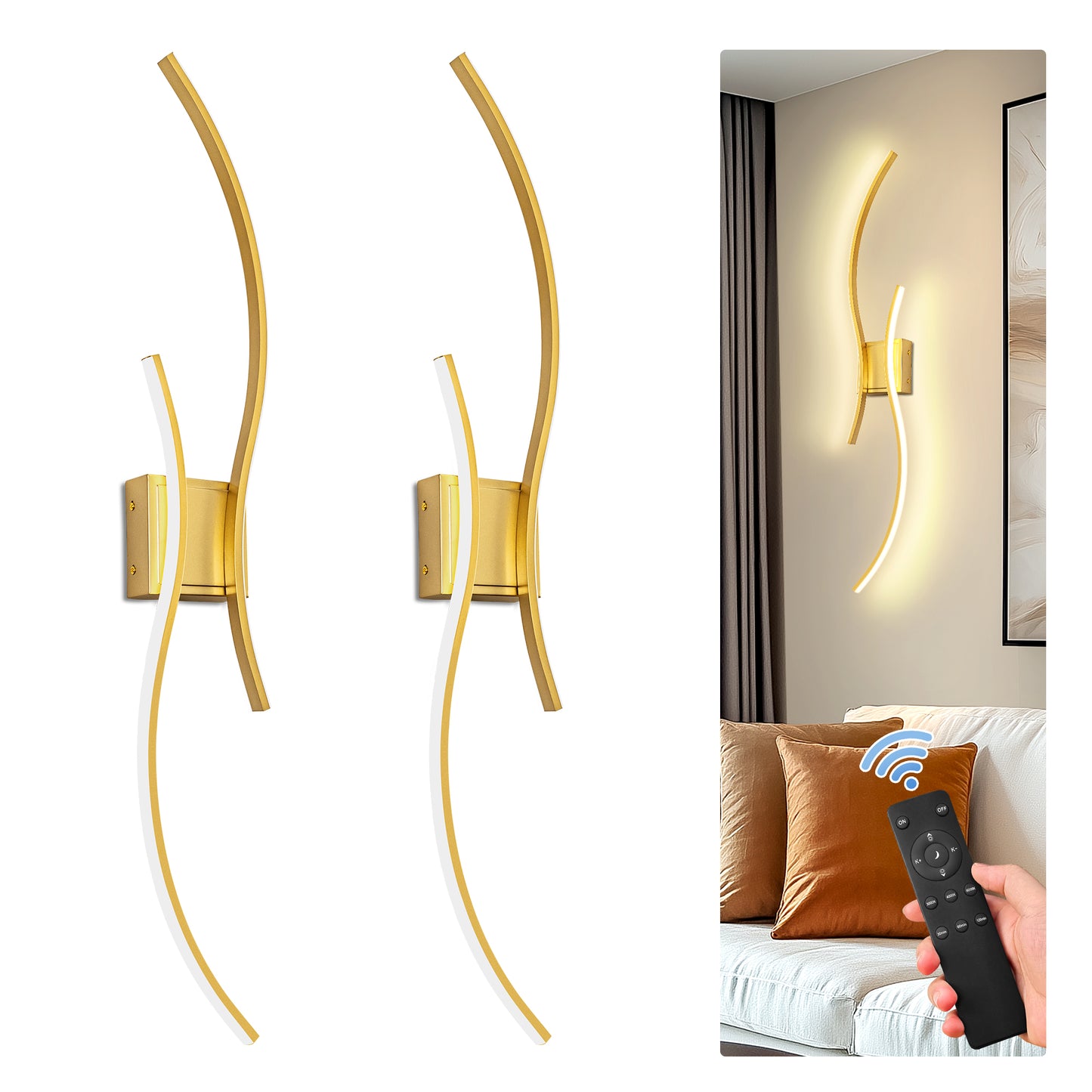 YANSUN 2-Pack LED Wave Wall Light, 39.37in Gold Finish, Built-in Dimmable & Color Changing, Touch & Remote Control, Memory & Timer Function