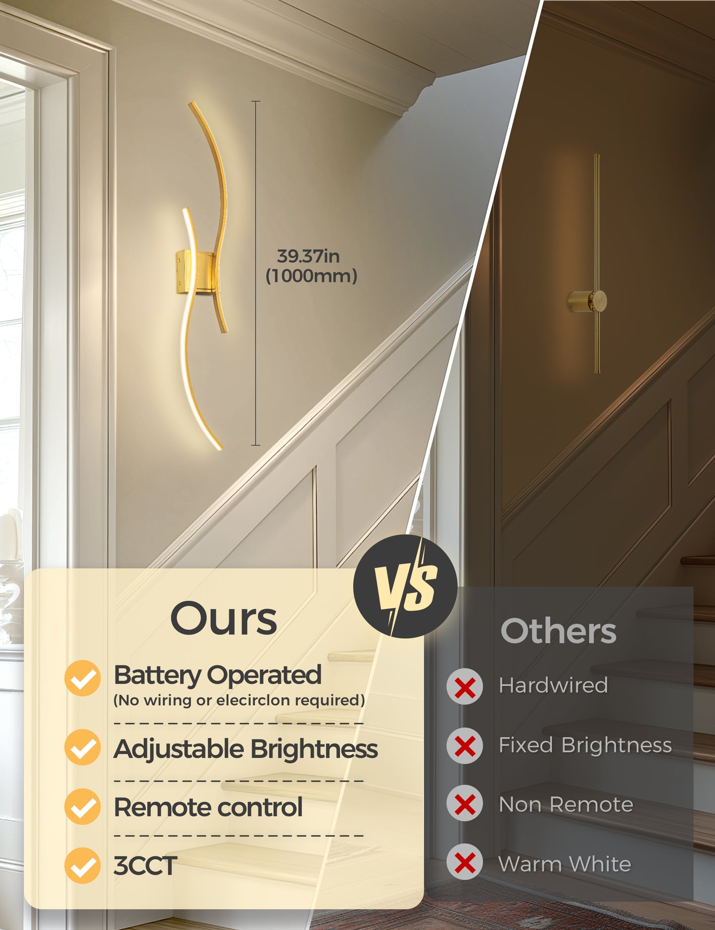 YANSUN 2-Pack LED Wave Wall Light, 39.37in Gold Finish, Built-in Dimmable & Color Changing, Touch & Remote Control, Memory & Timer Function