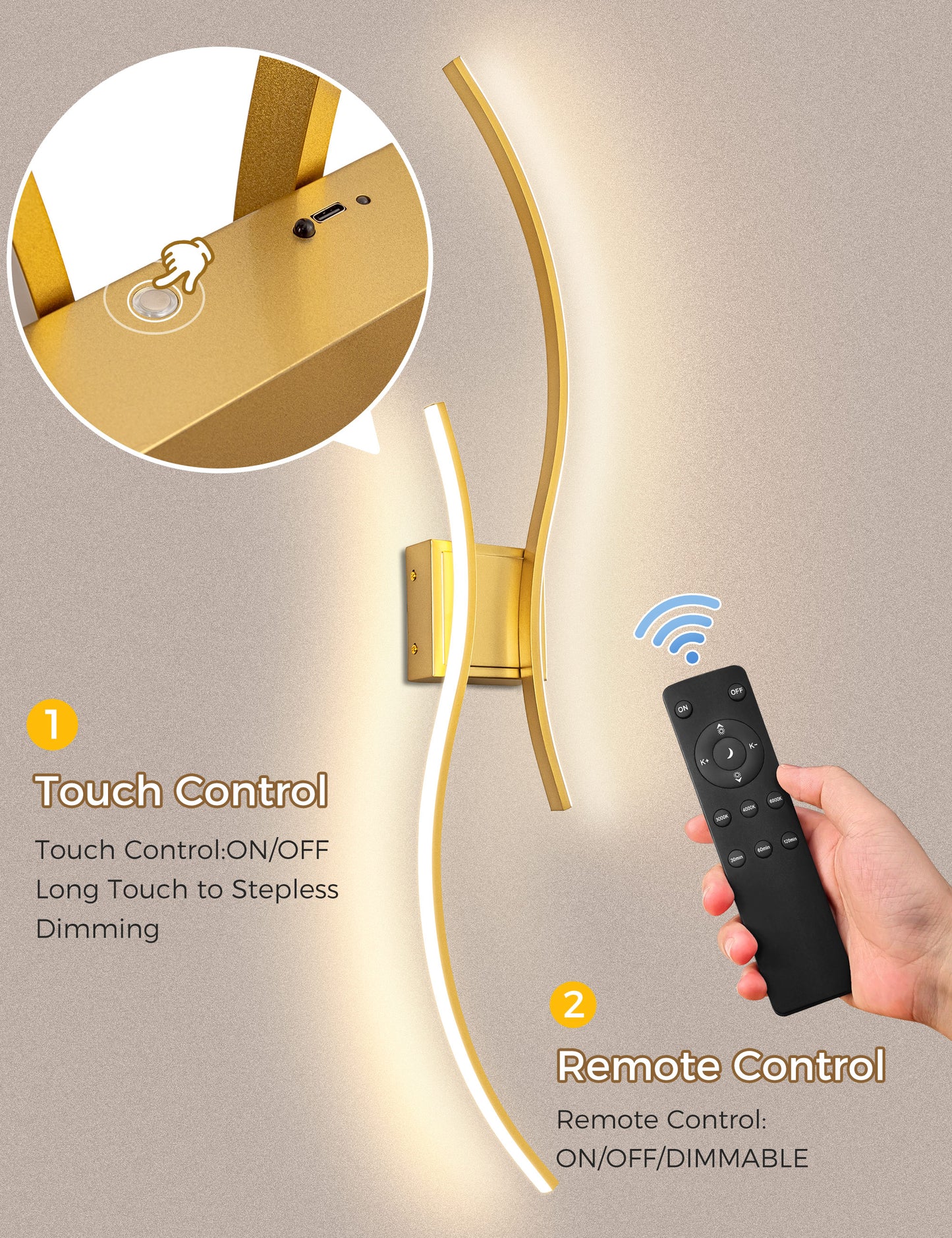 YANSUN 2-Pack LED Wave Wall Light, 39.37in Gold Finish, Built-in Dimmable & Color Changing, Touch & Remote Control, Memory & Timer Function