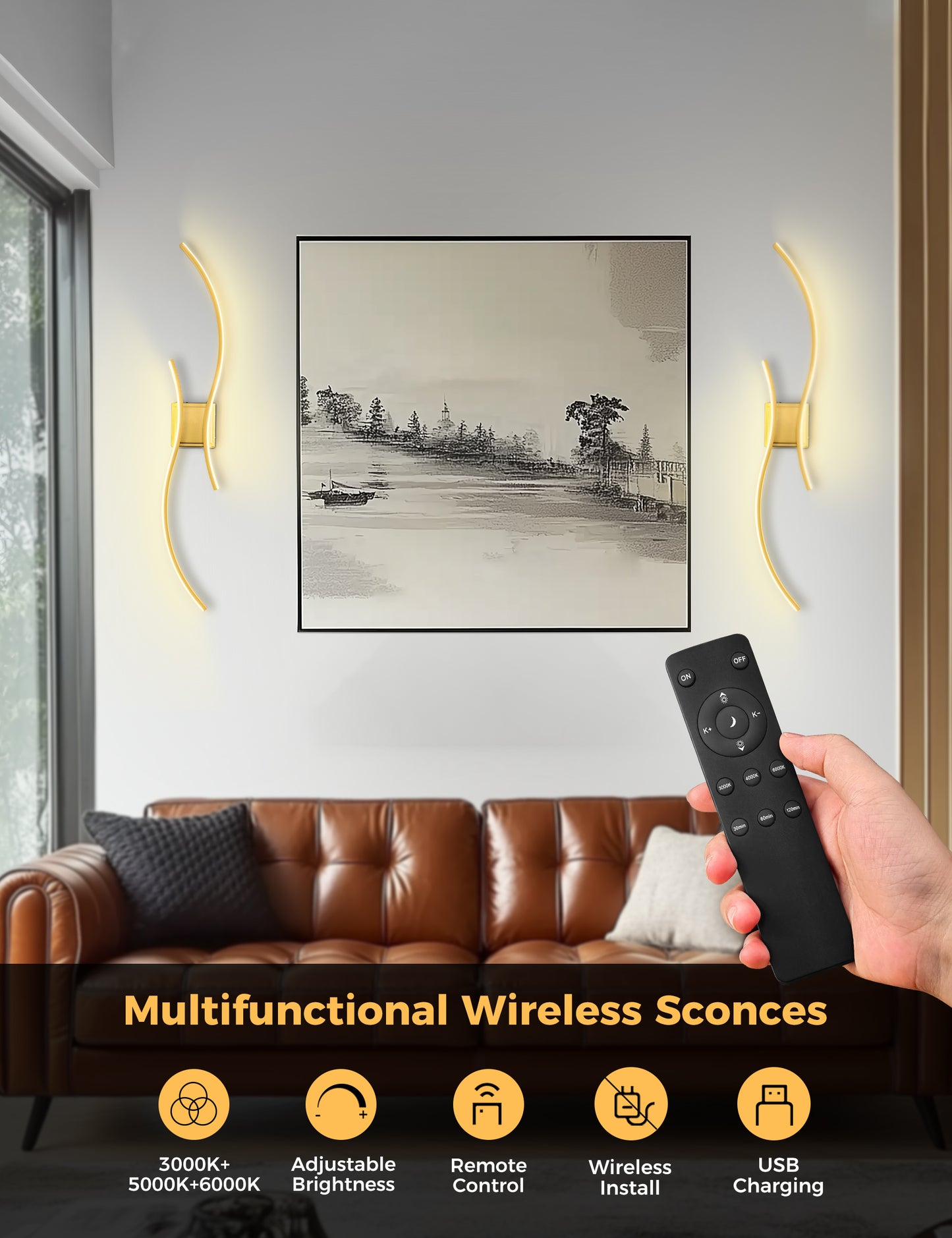 YANSUN 2-Pack LED Wave Wall Light, 39.37in Gold Finish, Built-in Dimmable & Color Changing, Touch & Remote Control, Memory & Timer Function