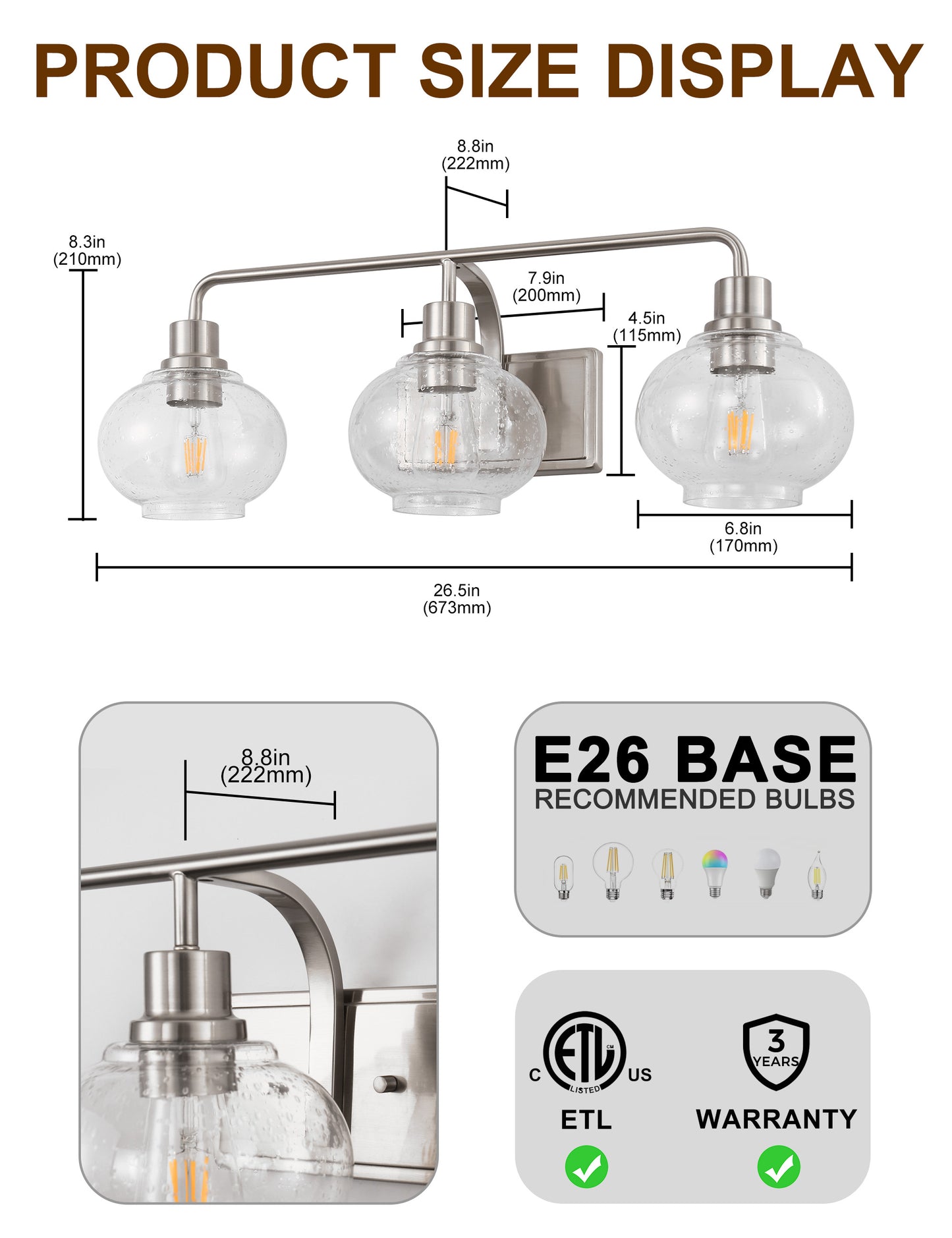 YANSUN 27 in. 3-Light Brushed Nickel Vanity Light with Clear Glass Shades, Wall Sconce for Vanity Mirror or Dressing Room