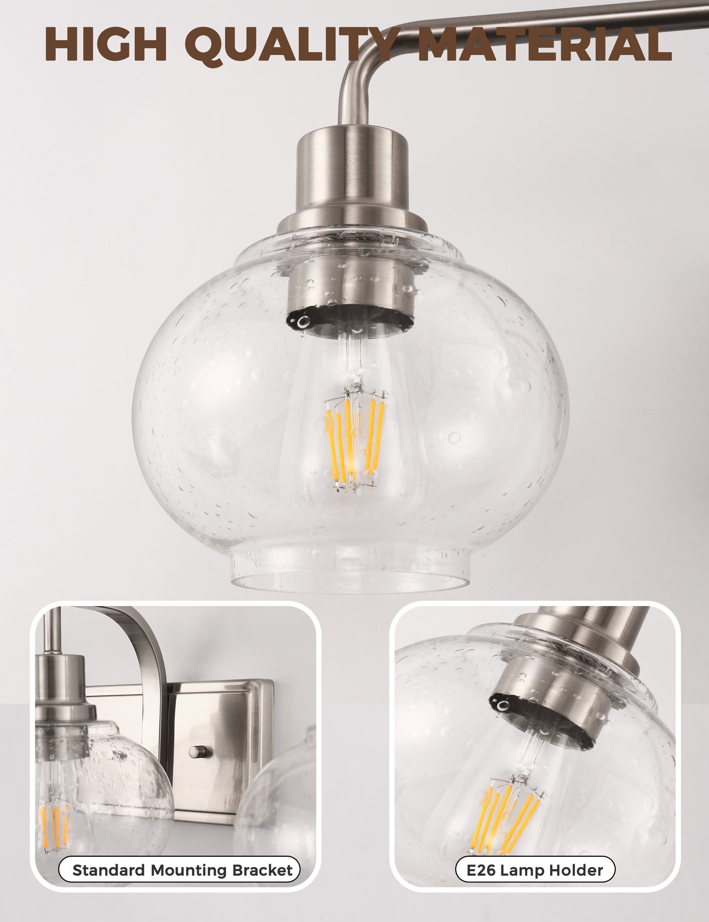 YANSUN 27 in. 3-Light Brushed Nickel Vanity Light with Clear Glass Shades, Wall Sconce for Vanity Mirror or Dressing Room