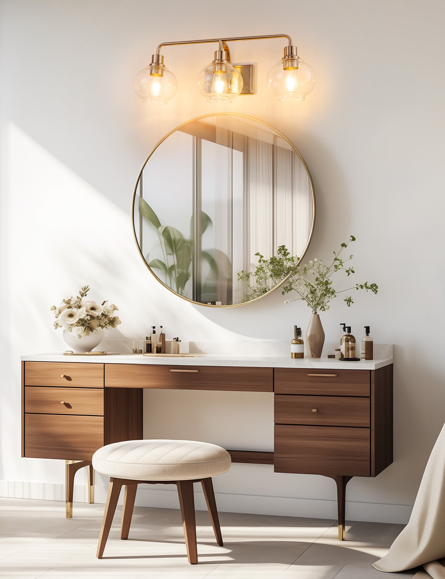 YANSUN 27 in. 3-Light Brushed Nickel Vanity Light with Clear Glass Shades, Wall Sconce for Vanity Mirror or Dressing Room