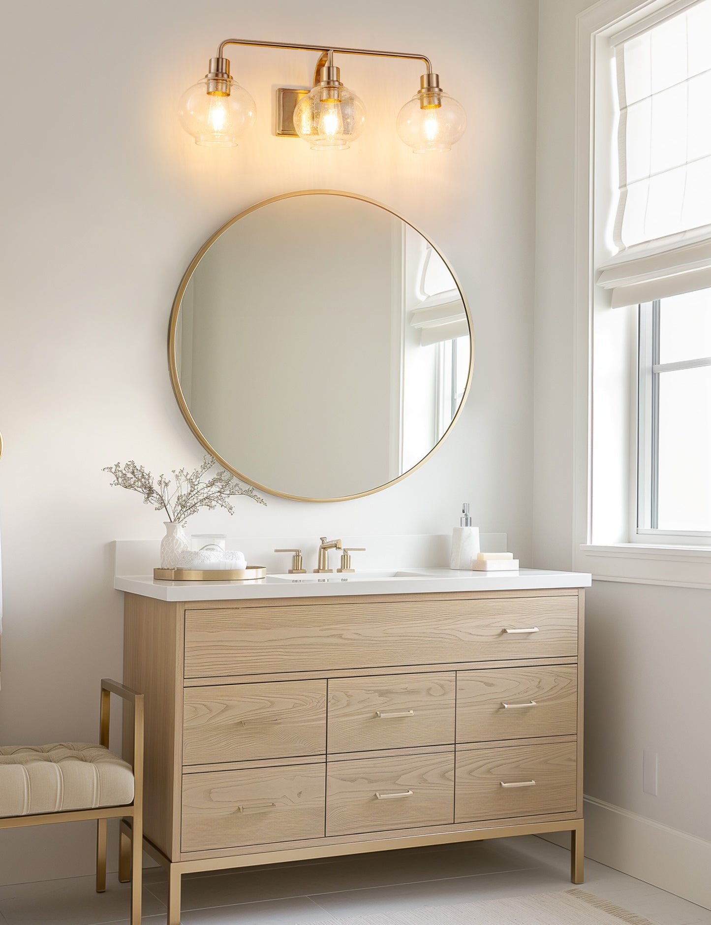 YANSUN 27 in. 3-Light Brushed Nickel Vanity Light with Clear Glass Shades, Wall Sconce for Vanity Mirror or Dressing Room