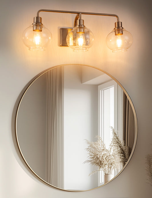 YANSUN 3-Light Vanity Light, Nickel Finish, Bubble Glass Shades, E26 Sockets, Non-Integrated Light Source