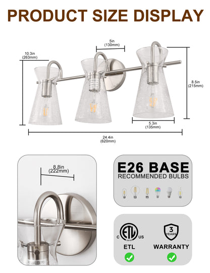 YANSUN 24 in. 3-Light Brushed Nickel Vanity Light with Glass Shades, Modern Wall Sconce for Bathroom, Vanity, or Dressing Room