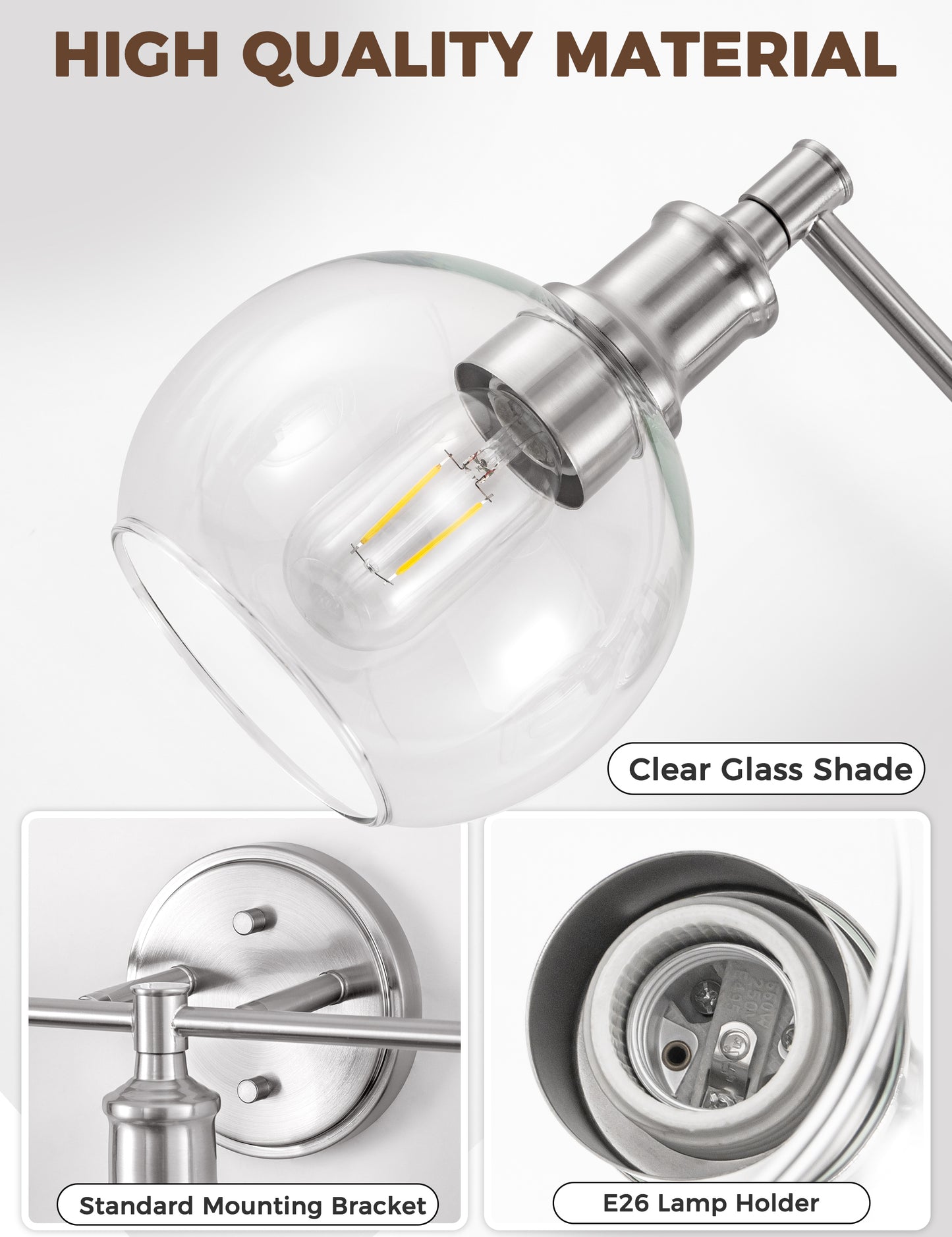 YANSUN 24 in. 3-Light Brushed Nickel Vanity Light with Clear Glass Globe Shades Perfect for Vanity Powder Room Dressing Room