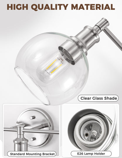 YANSUN 24 in. 3-Light Brushed Nickel Vanity Light with Clear Glass Globe Shades Perfect for Vanity Powder Room Dressing Room