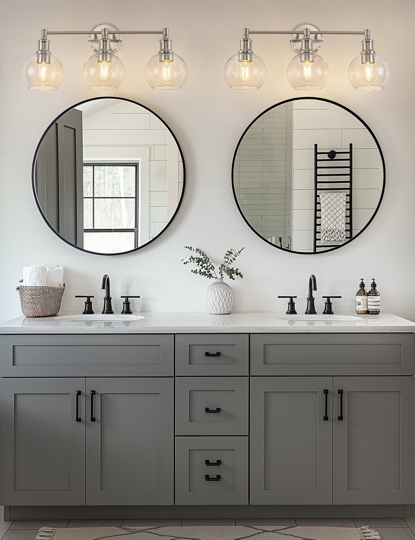 YANSUN 24 in. 3-Light Brushed Nickel Vanity Light with Clear Glass Globe Shades Perfect for Vanity Powder Room Dressing Room