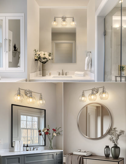 YANSUN 24 in. 3-Light Brushed Nickel Vanity Light with Clear Glass Globe Shades Perfect for Vanity Powder Room Dressing Room