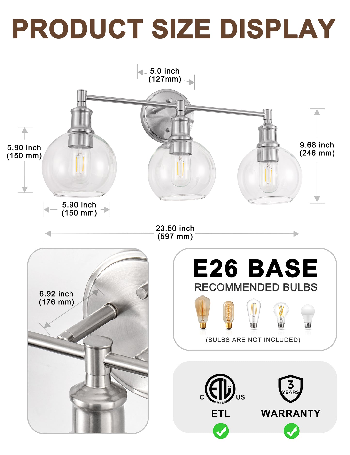 YANSUN 24 in. 3-Light Brushed Nickel Vanity Light with Clear Glass Globe Shades Perfect for Vanity Powder Room Dressing Room