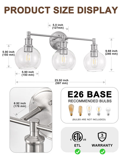 YANSUN 24 in. 3-Light Brushed Nickel Vanity Light with Clear Glass Globe Shades Perfect for Vanity Powder Room Dressing Room
