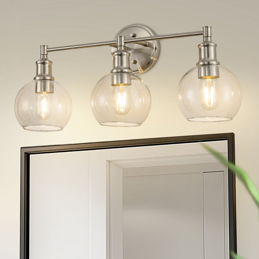 YANSUN 24 in. 3-Light Brushed Nickel Vanity Light with Clear Glass Globe Shades Perfect for Vanity Powder Room Dressing Room
