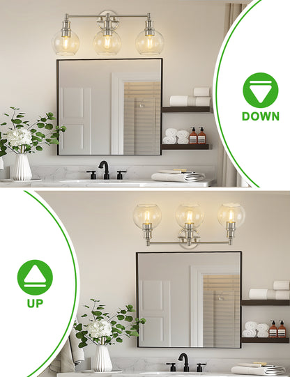 YANSUN 24 in. 3-Light Brushed Nickel Vanity Light with Clear Glass Globe Shades Perfect for Vanity Powder Room Dressing Room