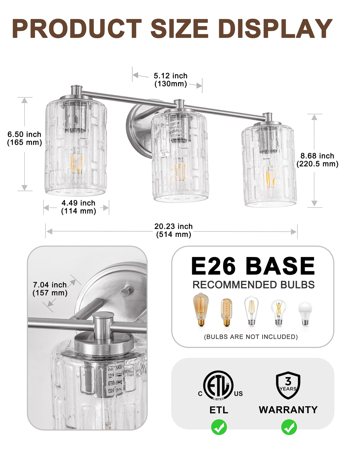 YANSUN 20 in. 3-Light for Bathroom Vanity Light Polished Nickel with Clear Seedy Glass Shade Dimmable for Vanity Powder Room
