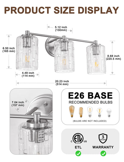 YANSUN 20 in. 3-Light for Bathroom Vanity Light Polished Nickel with Clear Seedy Glass Shade Dimmable for Vanity Powder Room
