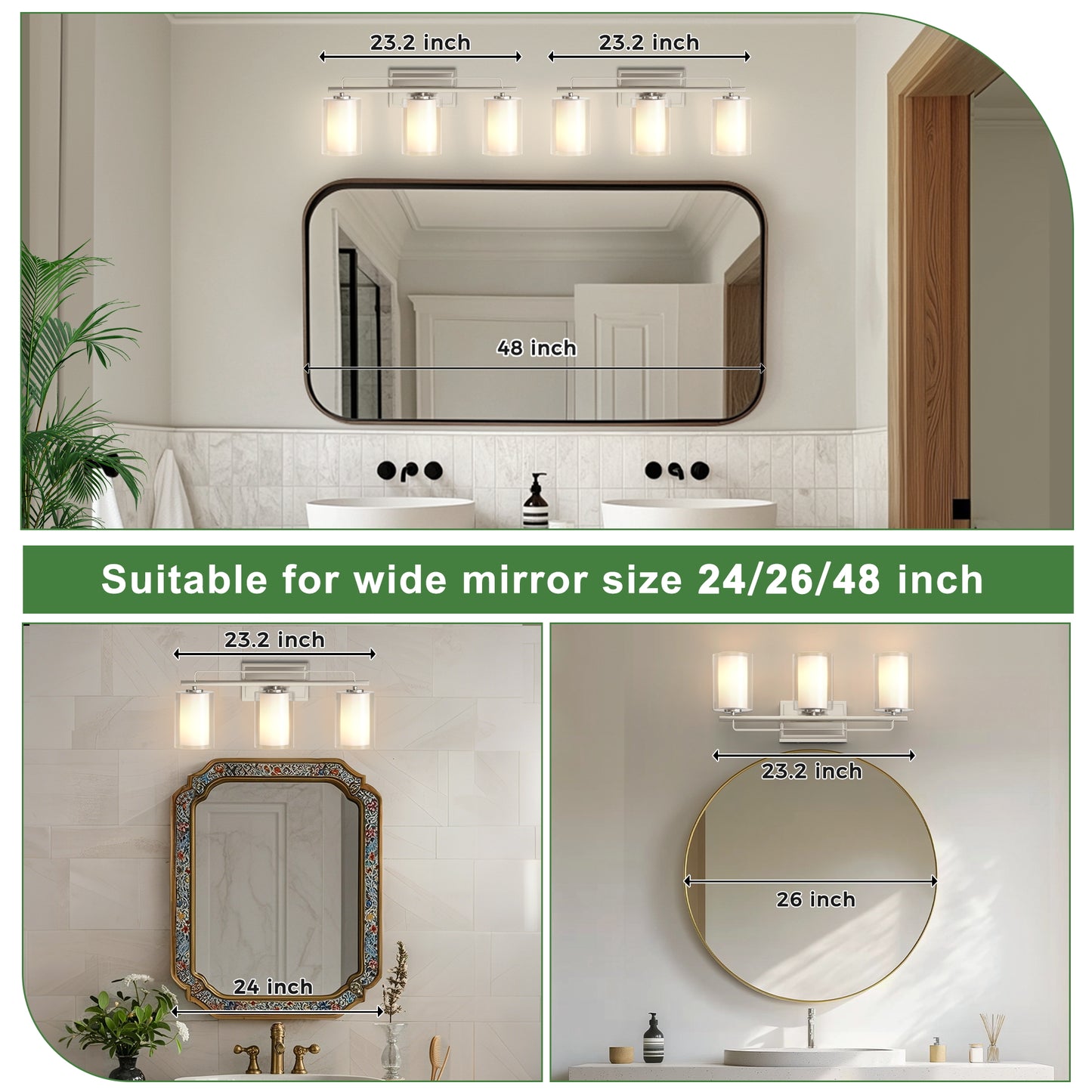 YANSUN 22 in. Brushed Nickel 3-Light Vanity Light with Clear Cylinder Glass Shade for Bathroom, Powder Room or Dressing Room