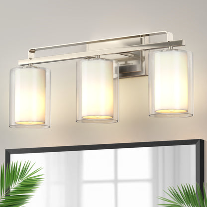YANSUN 22 in. Brushed Nickel 3-Light Vanity Light with Clear Cylinder Glass Shade for Bathroom, Powder Room or Dressing Room
