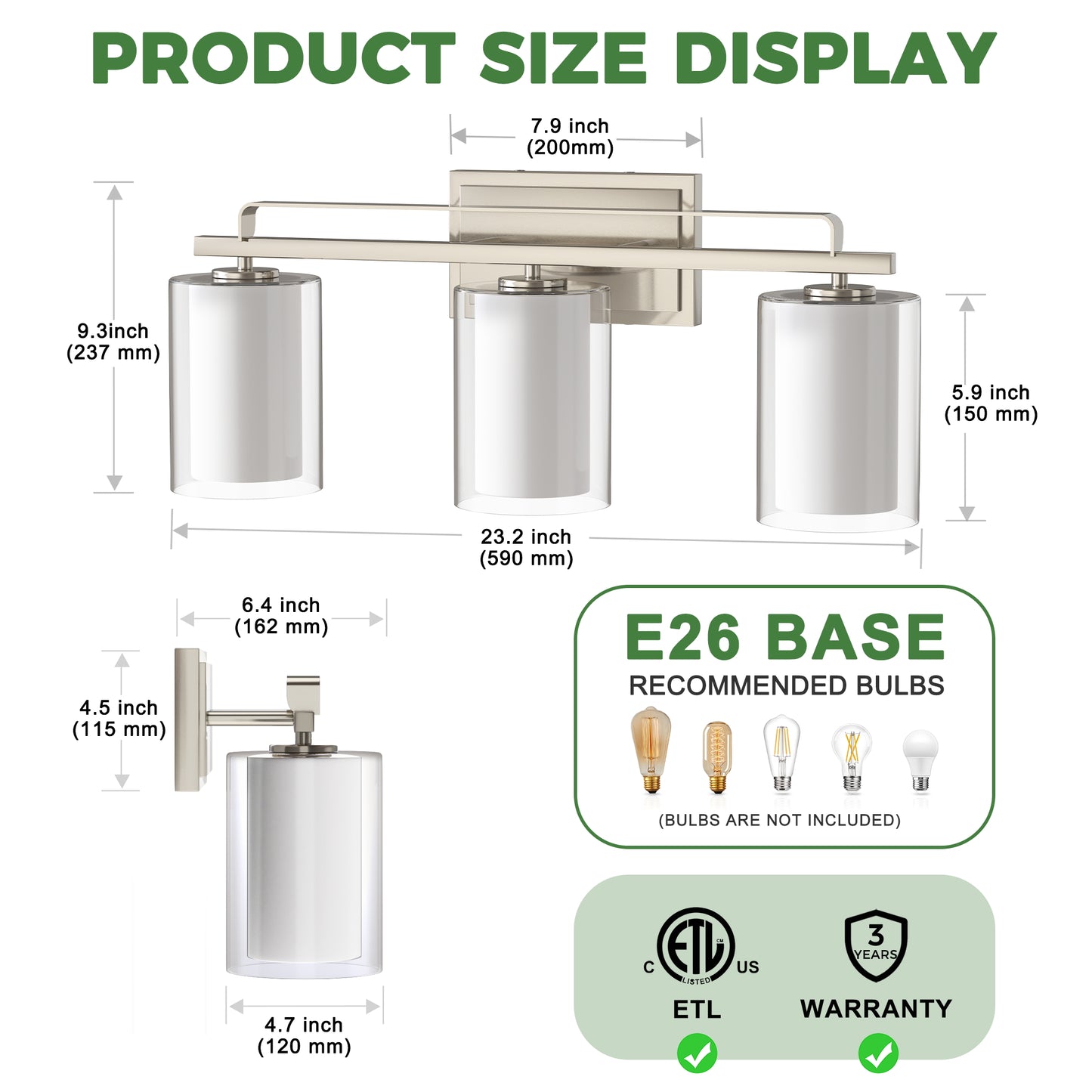 YANSUN 22 in. Brushed Nickel 3-Light Vanity Light with Clear Cylinder Glass Shade for Bathroom, Powder Room or Dressing Room