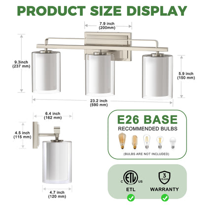 YANSUN 22 in. Brushed Nickel 3-Light Vanity Light with Clear Cylinder Glass Shade for Bathroom, Powder Room or Dressing Room