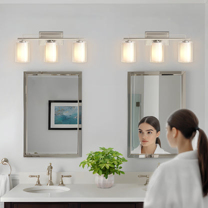 YANSUN 22 in. Brushed Nickel 3-Light Vanity Light with Clear Cylinder Glass Shade for Bathroom, Powder Room or Dressing Room