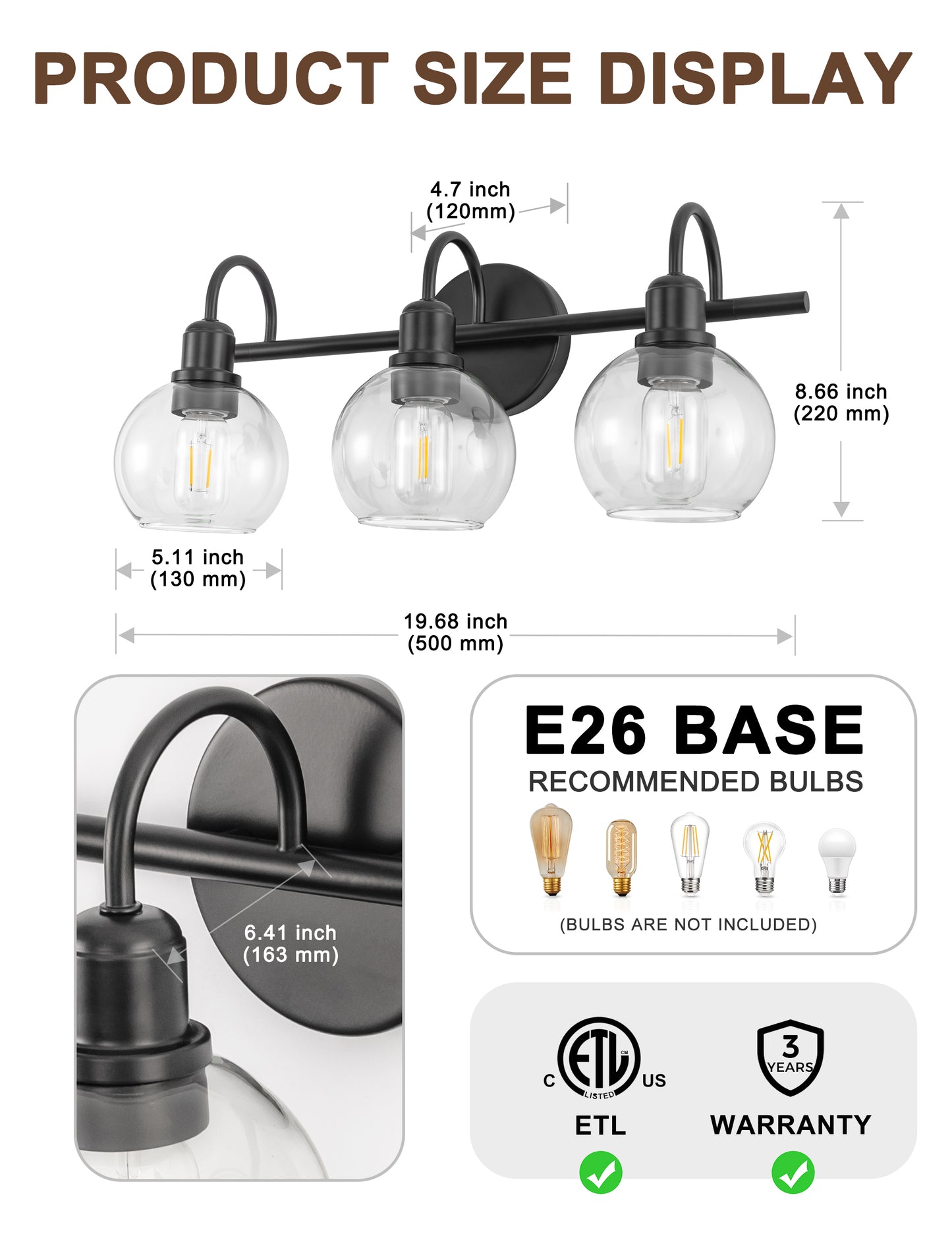 YANSUN 20 in. 3-Light Matte Black Bathroom Vanity Light, Industrial Design with Clear Glass Globe Shades for Vanity, or Mirror