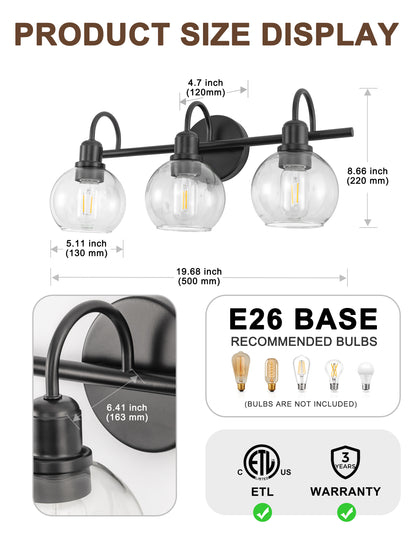 YANSUN 20 in. 3-Light Matte Black Bathroom Vanity Light, Industrial Design with Clear Glass Globe Shades for Vanity, or Mirror