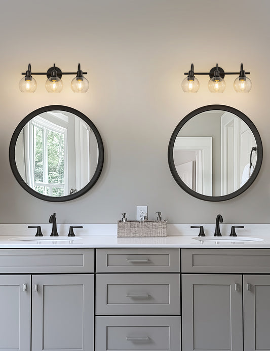YANSUN 20 in. 3-Light Matte Black Bathroom Vanity Light, Industrial Design with Clear Glass Globe Shades for Vanity, or Mirror