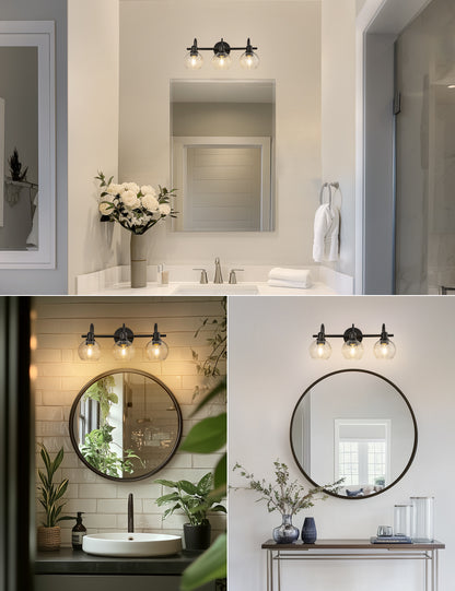 YANSUN 20 in. 3-Light Matte Black Bathroom Vanity Light, Industrial Design with Clear Glass Globe Shades for Vanity, or Mirror