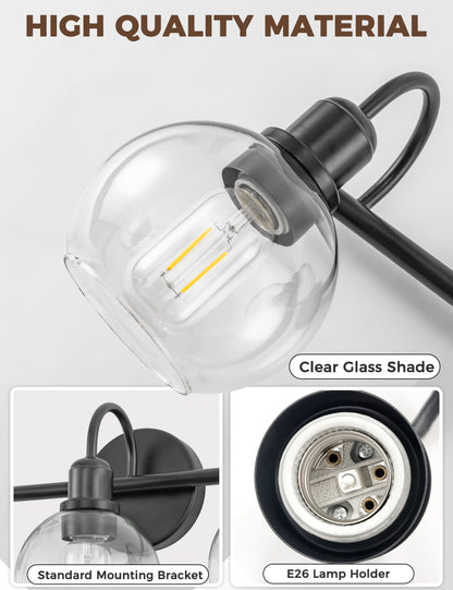 YANSUN 20 in. 3-Light Matte Black Bathroom Vanity Light, Industrial Design with Clear Glass Globe Shades for Vanity, or Mirror