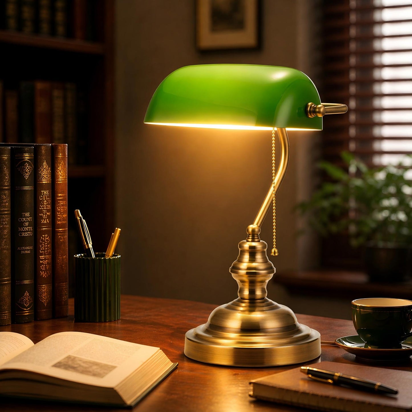 YANSUN 14 in. Vintage Retro Metal Table Lamp with Green Glass Shade, E26 Base for Bedroom, Living Room, and Dining