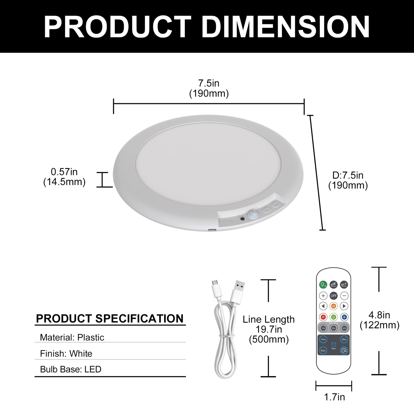 YANSUN 7.5 in. 1-Light RGB White Round Dimmable Motion Sensor Integrated LED Flush Mount Ceiling Light with Remote for Bedroom