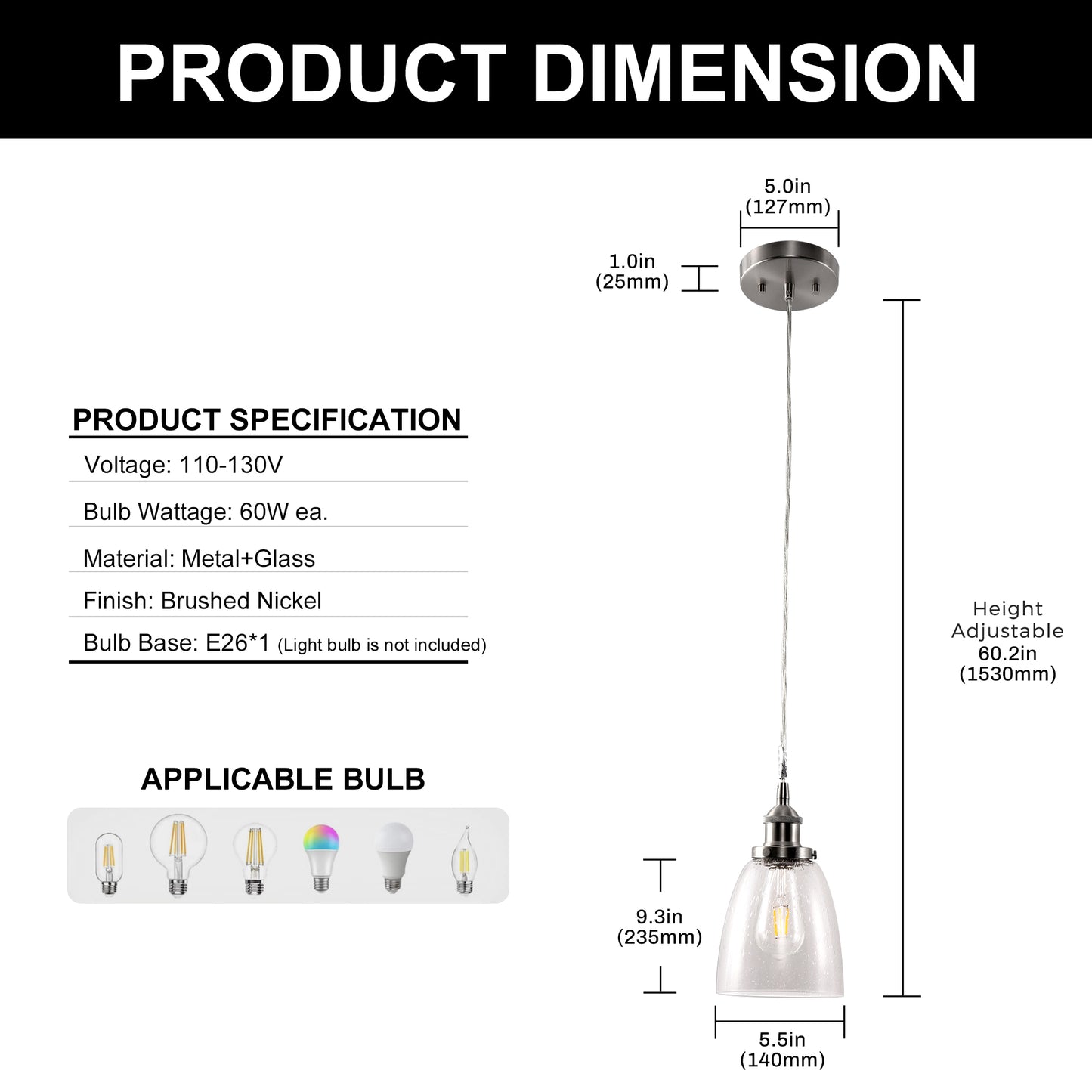 YANSUN Single-Head Pendant Light with Bubble Glass Shade, Non-Integrated Bulb, Sand Nickel Finish, E26 Socket
