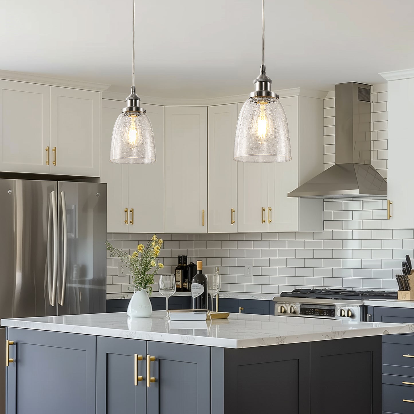 YANSUN Single-Head Pendant Light with Bubble Glass Shade, Non-Integrated Bulb, Sand Nickel Finish, E26 Socket