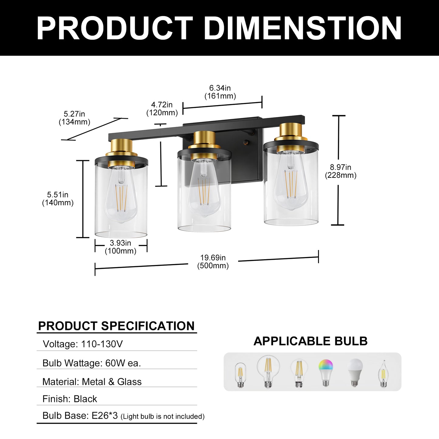 YANSUN 20 in. 3-Light Black and Gold Vanity Light with Clear Glass Shades for Bathroom or Bedroom Mirror