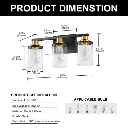 YANSUN 20 in. 3-Light Black and Gold Vanity Light with Clear Glass Shades for Bathroom or Bedroom Mirror