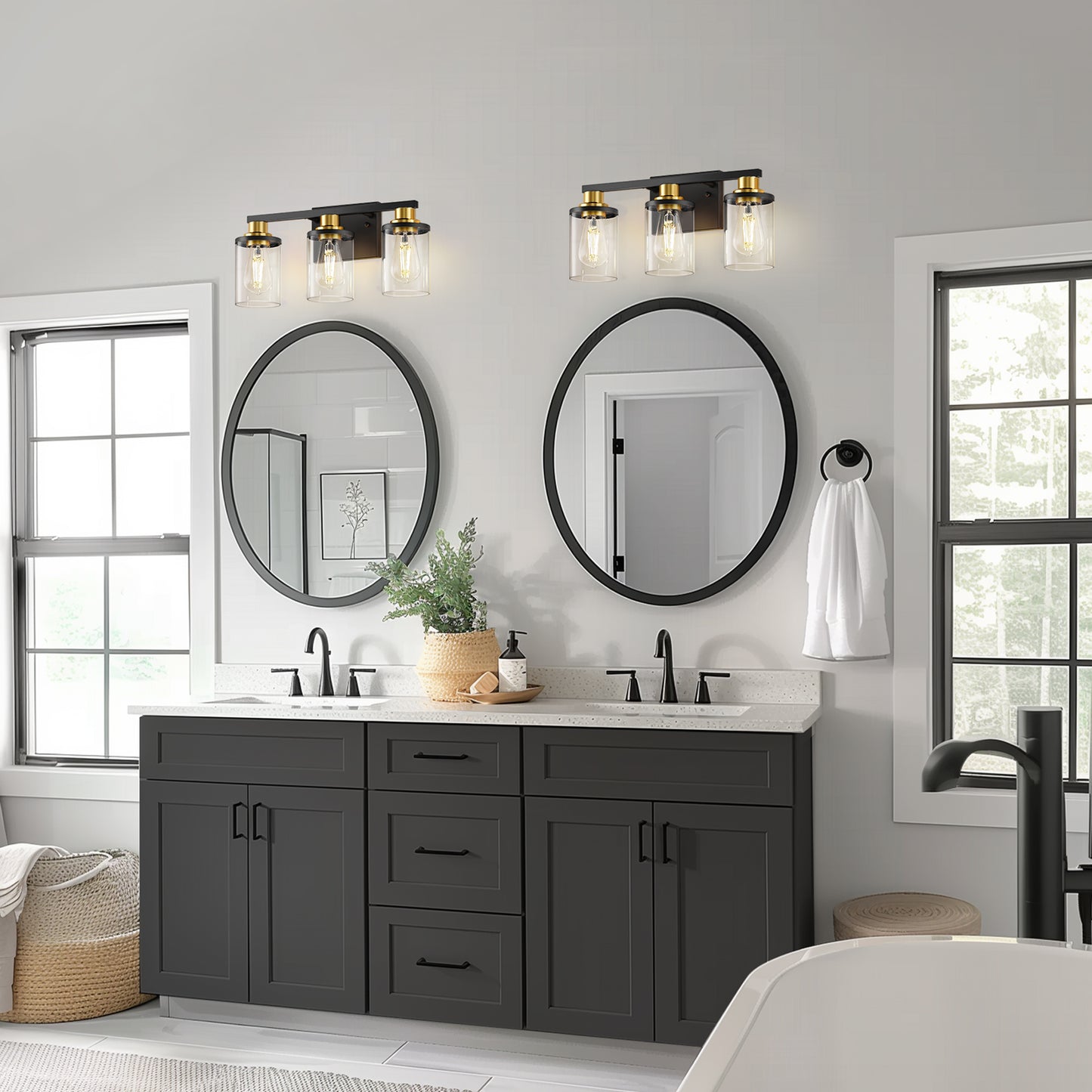 YANSUN 20 in. 3-Light Black and Gold Vanity Light with Clear Glass Shades for Bathroom or Bedroom Mirror