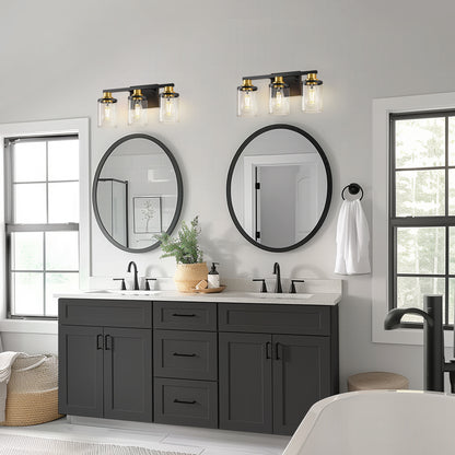 YANSUN 20 in. 3-Light Black and Gold Vanity Light with Clear Glass Shades for Bathroom or Bedroom Mirror