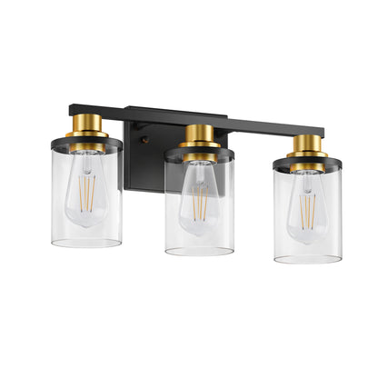 YANSUN 20 in. 3-Light Black and Gold Vanity Light with Clear Glass Shades for Bathroom or Bedroom Mirror