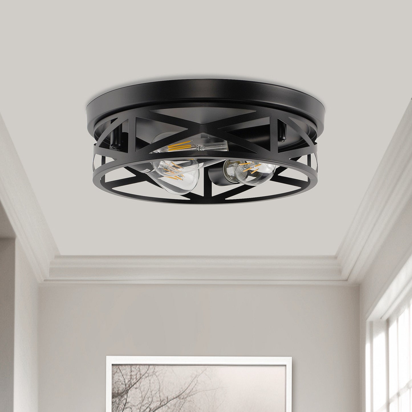 YANSUN 12.6 in. 3-Light Black Metal Drum Flush Mount Lighting with No Bulbs Included 1-Pack