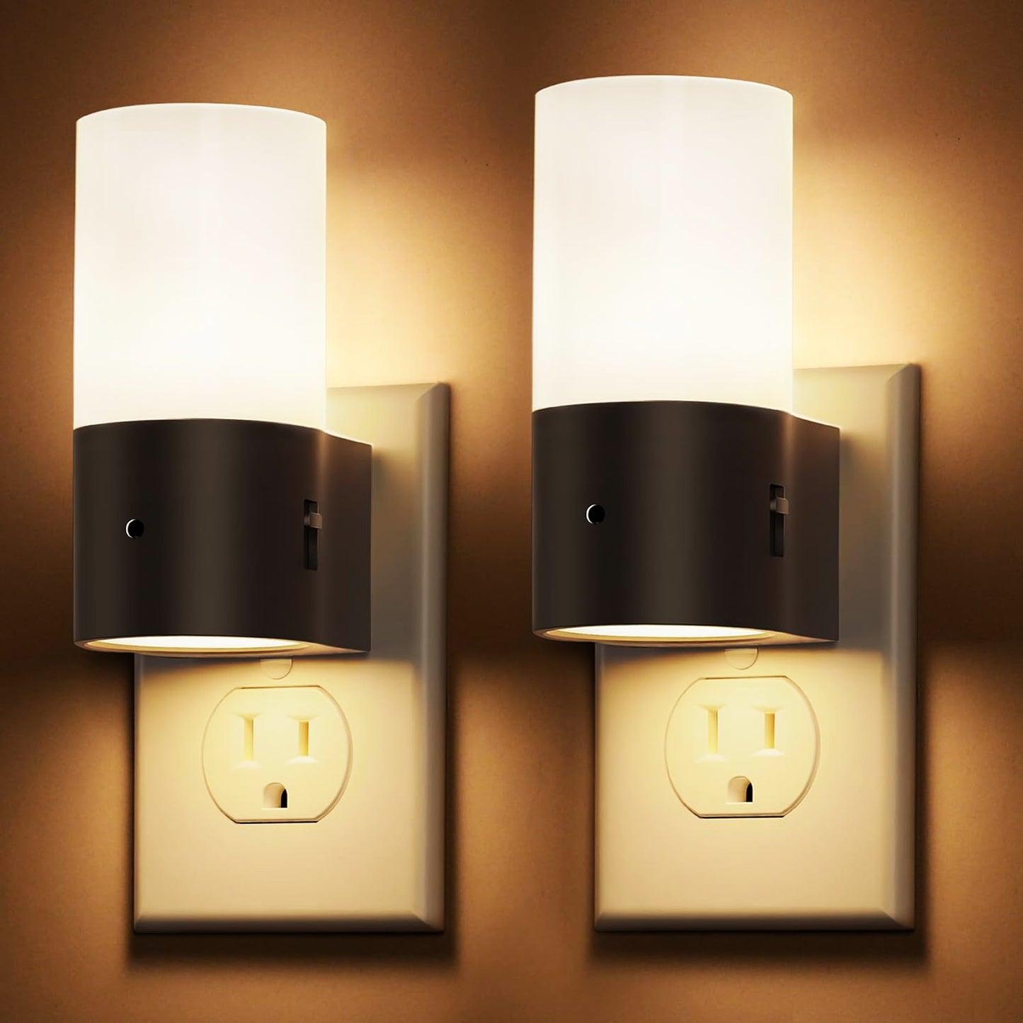 YANSUN 2-Pack 1W Black Cylinder Plug-In Light Sensor Night Lights with Sliding Dimming, Warm 3000K for Bedroom