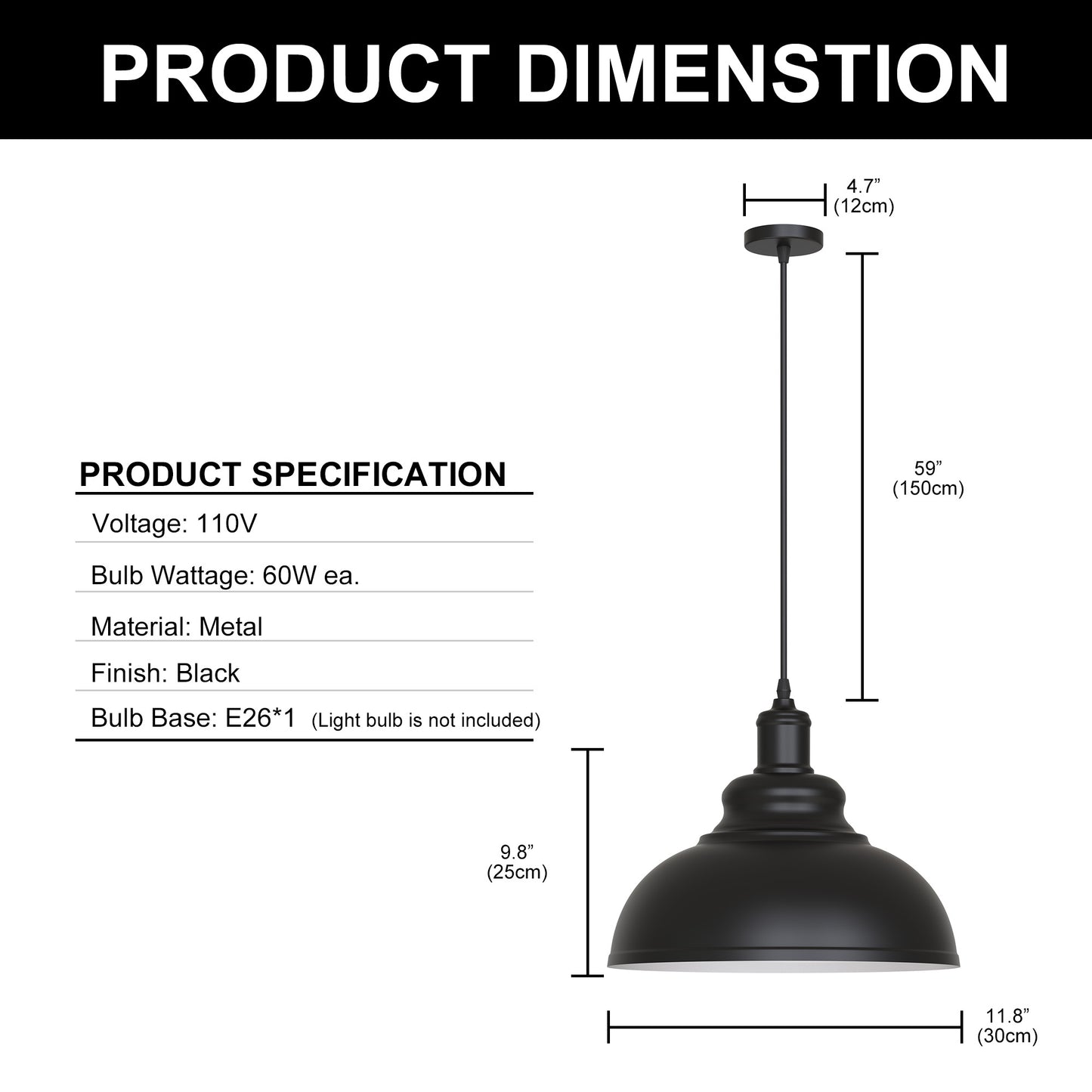 YANSUN Single Pendant Light with 30cm Black Glass Shade E26 Bulb Not Included