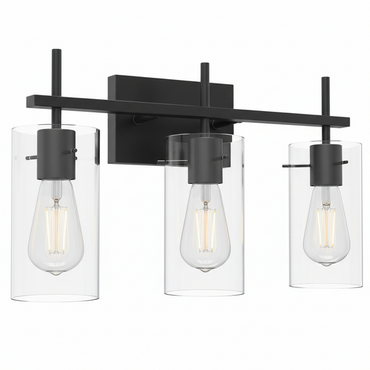 20 in. Black Metal 3-Light Bathroom Vanity Light with Cylindrical Clear Glass Shades for Bathroom, Vanity, or Mirror