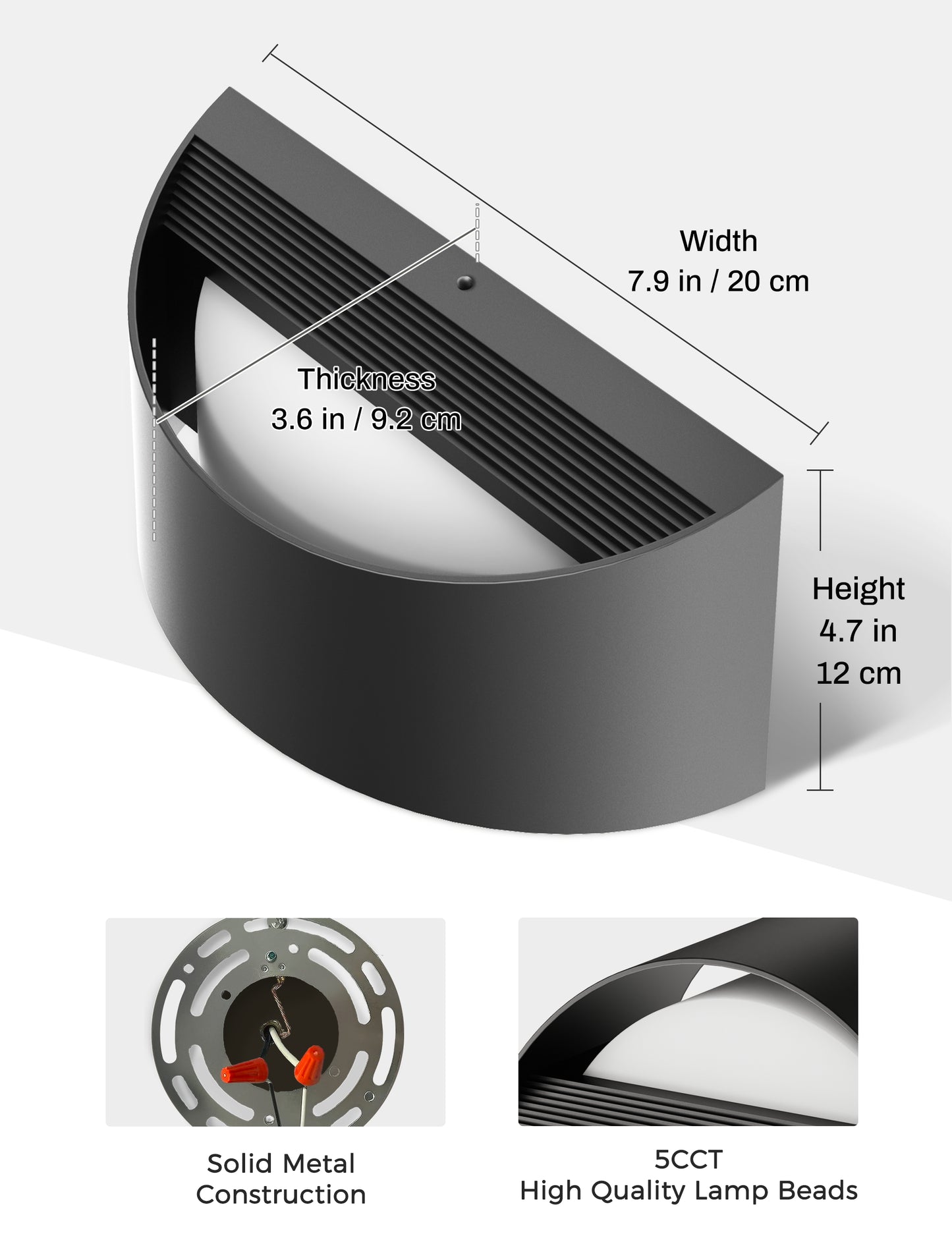 YANSUN Semi-Circle Black Plastic Wall Sconce with 5CCT Dimmable Color Temperature and Wall Switch Control (Includes Mounting Plate)