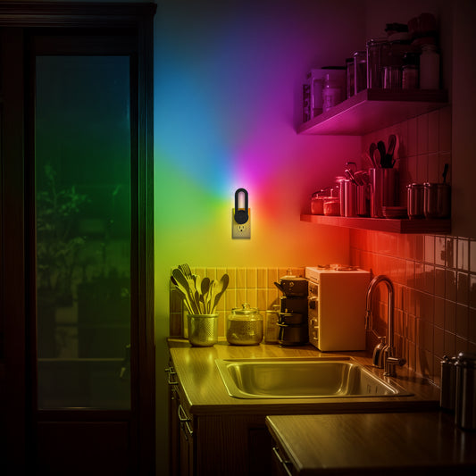 YANSUN 1-Pack RGB Rainbow Running Light Plug-in Night Light with Photocell Sensor 180?? Rotatable Color Changing Wall Night Lamp US Plug