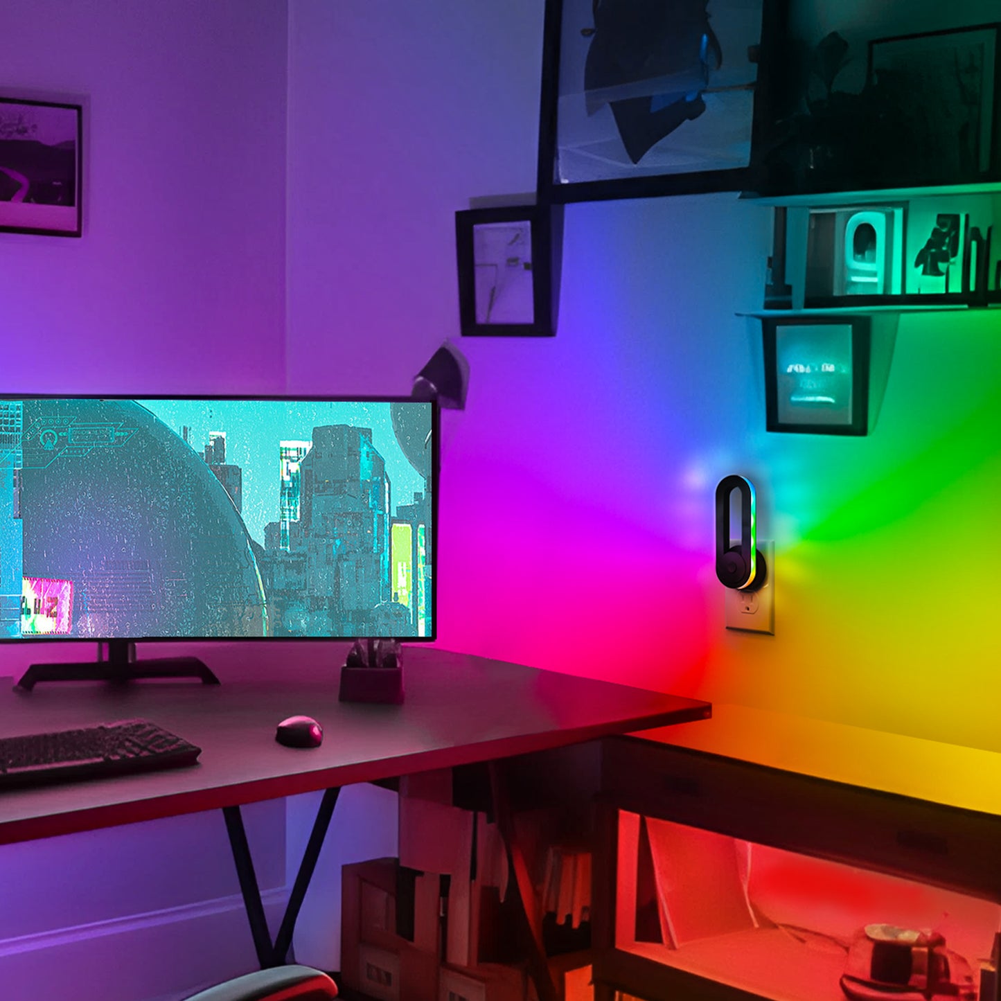 YANSUN 1-Pack RGB Rainbow Running Light Plug-in Night Light with Photocell Sensor 180?? Rotatable Color Changing Wall Night Lamp US Plug