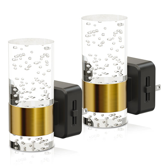 YANSUN 1W Plug-in Night Light with Bubble Acrylic Columns & Copper Finish, 3000K Warm White, 2-Pack