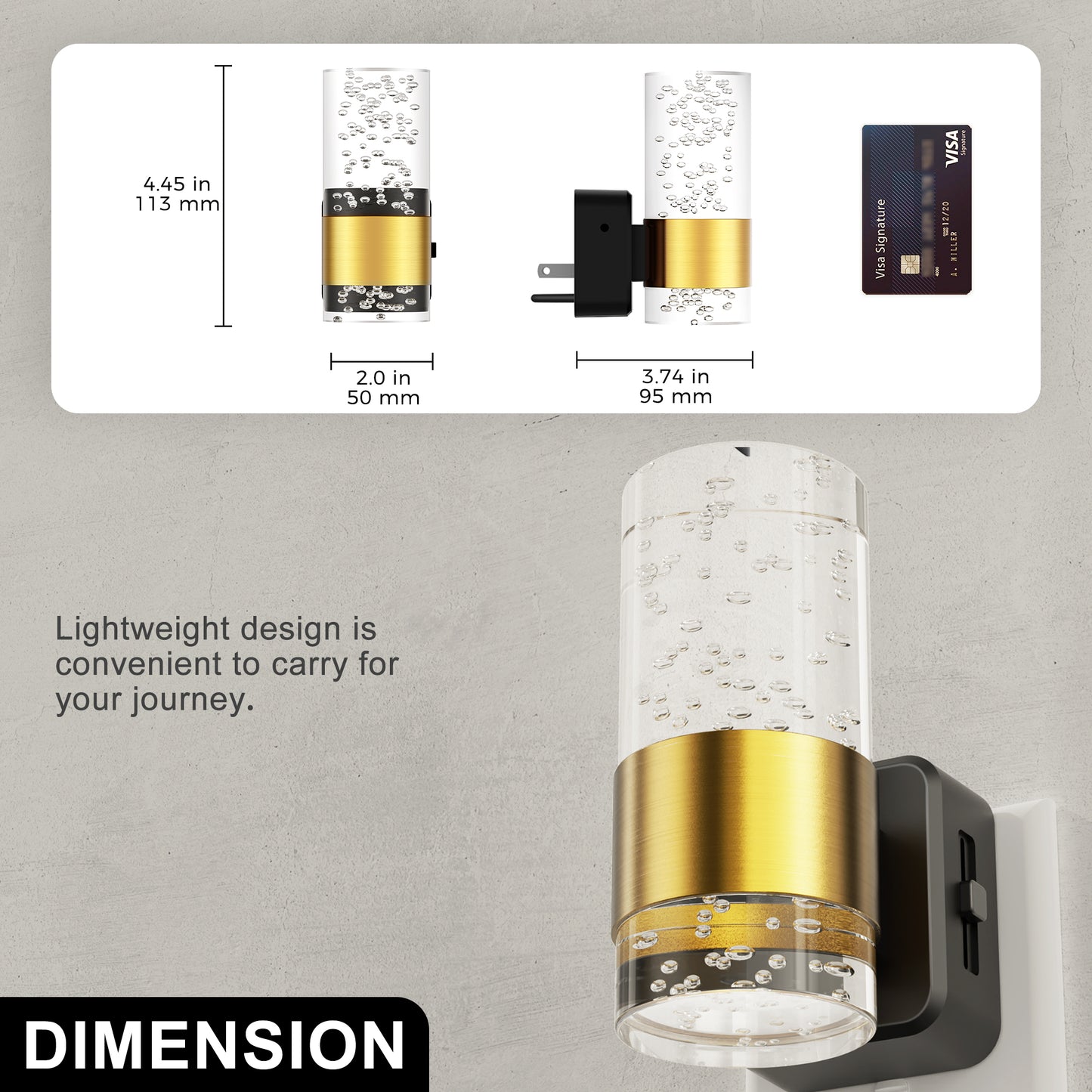 YANSUN 1W Plug-in Night Light with Bubble Acrylic Columns & Copper Finish, 3000K Warm White, 2-Pack